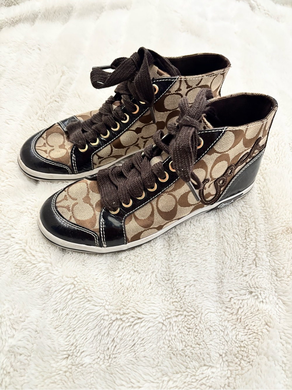 Coach High-Top Signature Canvas Sneakers in Tan and Dark Brown Size 7.5 - Picture 3 of 14